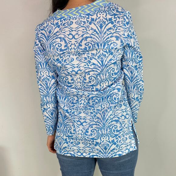 J.McLauglin Blue White & Green Patterned Lightweight Tunic Top - Picture 2 of 9